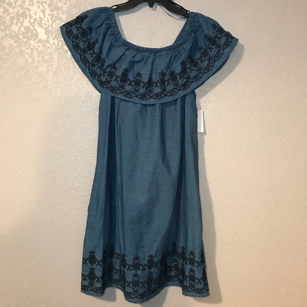 NWT Denim Ruffle sleeveless Embroidered Dress